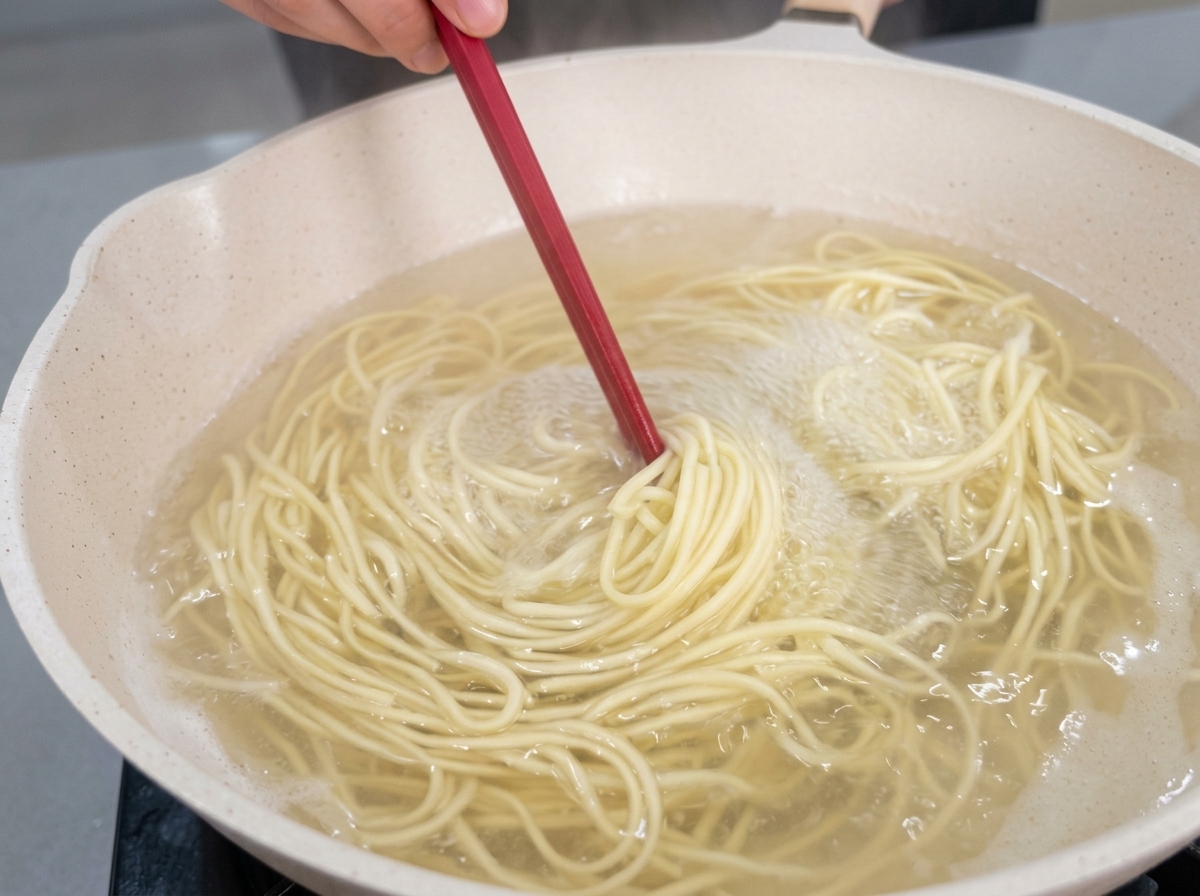 Dünne weiße Nudeln kochen in einem Topf mit kochendem Wasser und werden mit einem roten Küchenhelfer umgerührt.