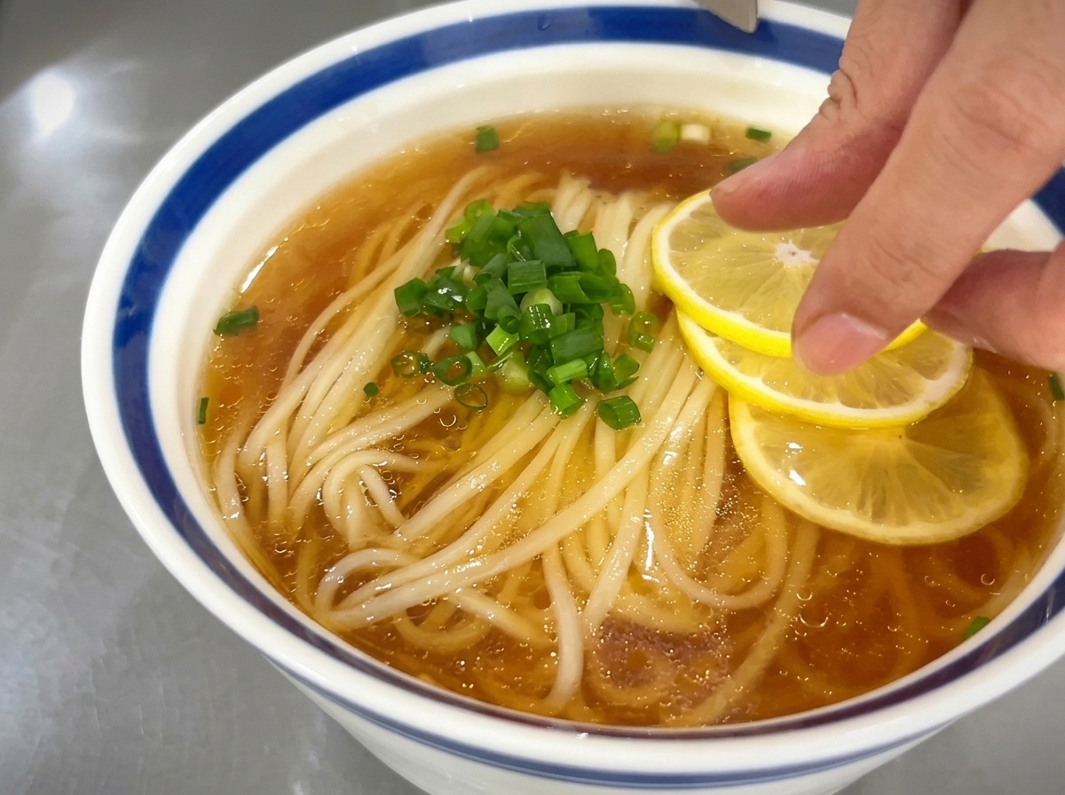 Eine Hand legt vorsichtig drei leuchtend gelbe Zitronenscheiben auf die Nudelsuppe neben die Frühlingszwiebeln.