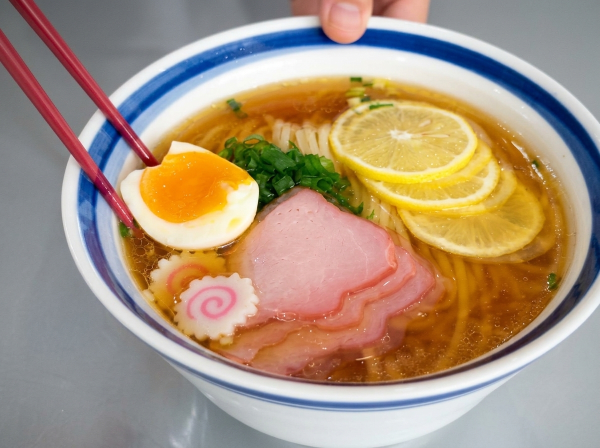 Eine Schale Zitronen-Nudelsuppe garniert mit zwei Hälften eines weichgekochten Eis mit orangefarbenem Kern, Fleisch und Zitrone.