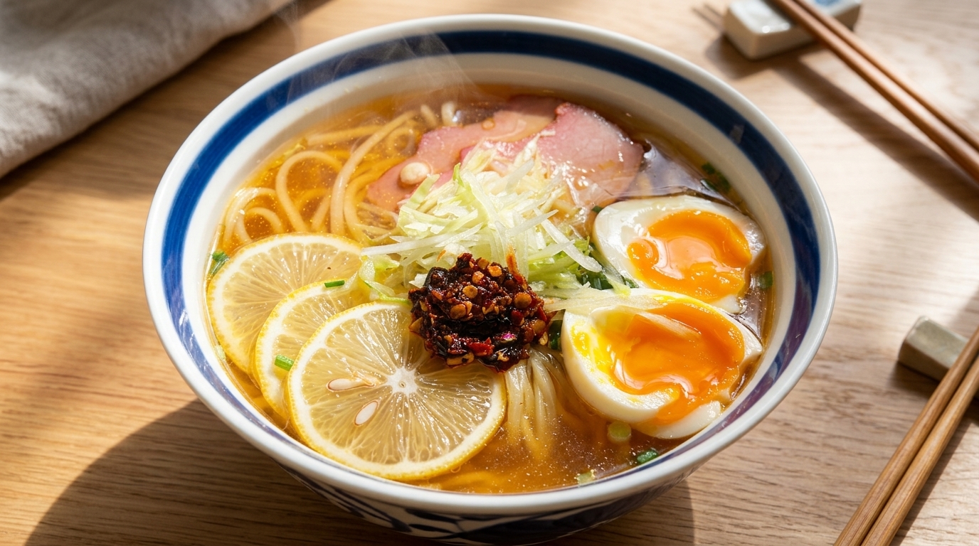Erfrischende Zitronen-Nudelsuppe mit wachsweichem Ei