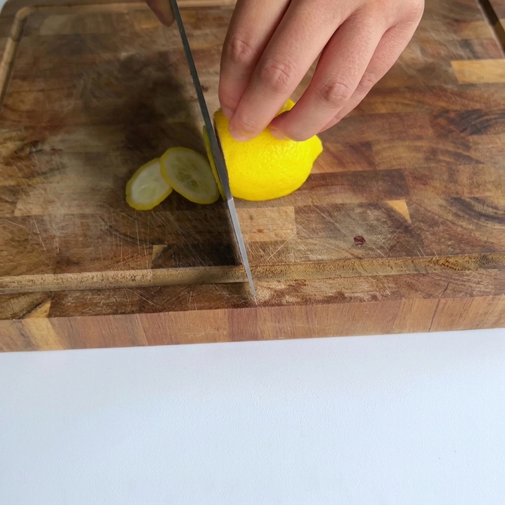Eine Hand hält eine gelbe Zitrone auf einem Holzbrett, während ein Messer dünne, kreisrunde Scheiben schneidet.
