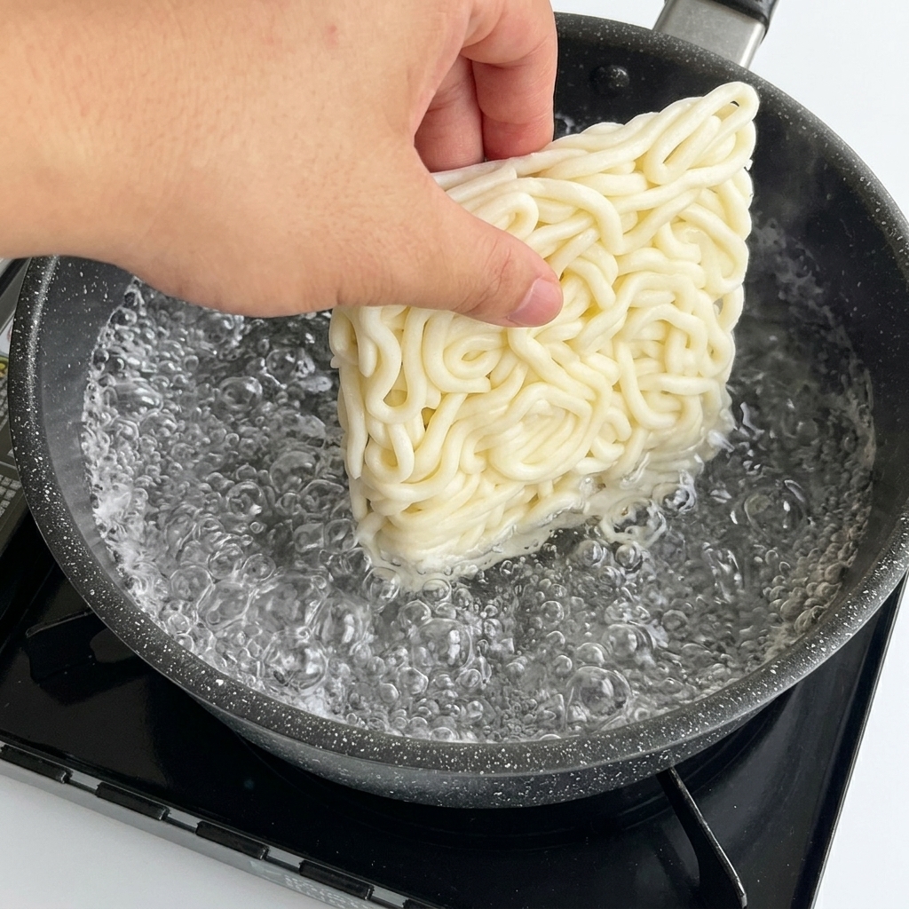 Eine Hand senkt einen quadratischen Block weißer Udon-Nudeln in einen sprudelnd kochenden Topf mit Wasser.