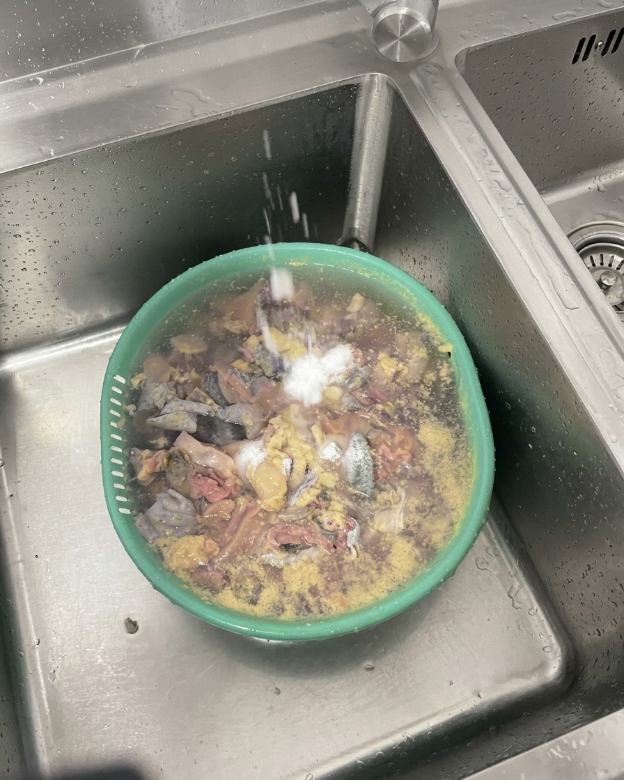Hände waschen gehackte Seidenhuhnstücke in einer grünen Schüssel unter fließendem Wasser, während Salz hinzugefügt wird.