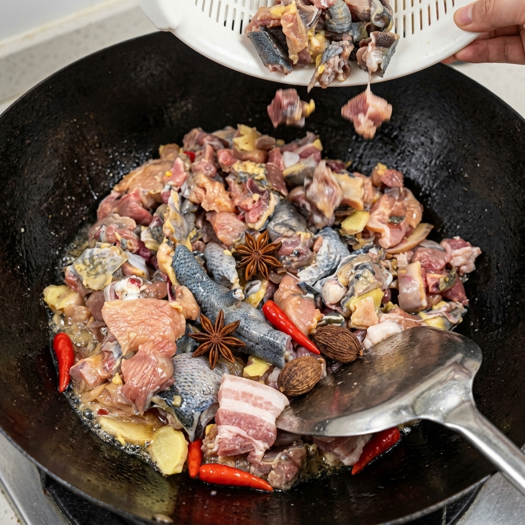 Gehackte Seidenhuhnstücke werden aus einem weißen Plastiksieb in einen großen schwarzen Wok mit Öl und ganzen Gewürzen geschüttet.