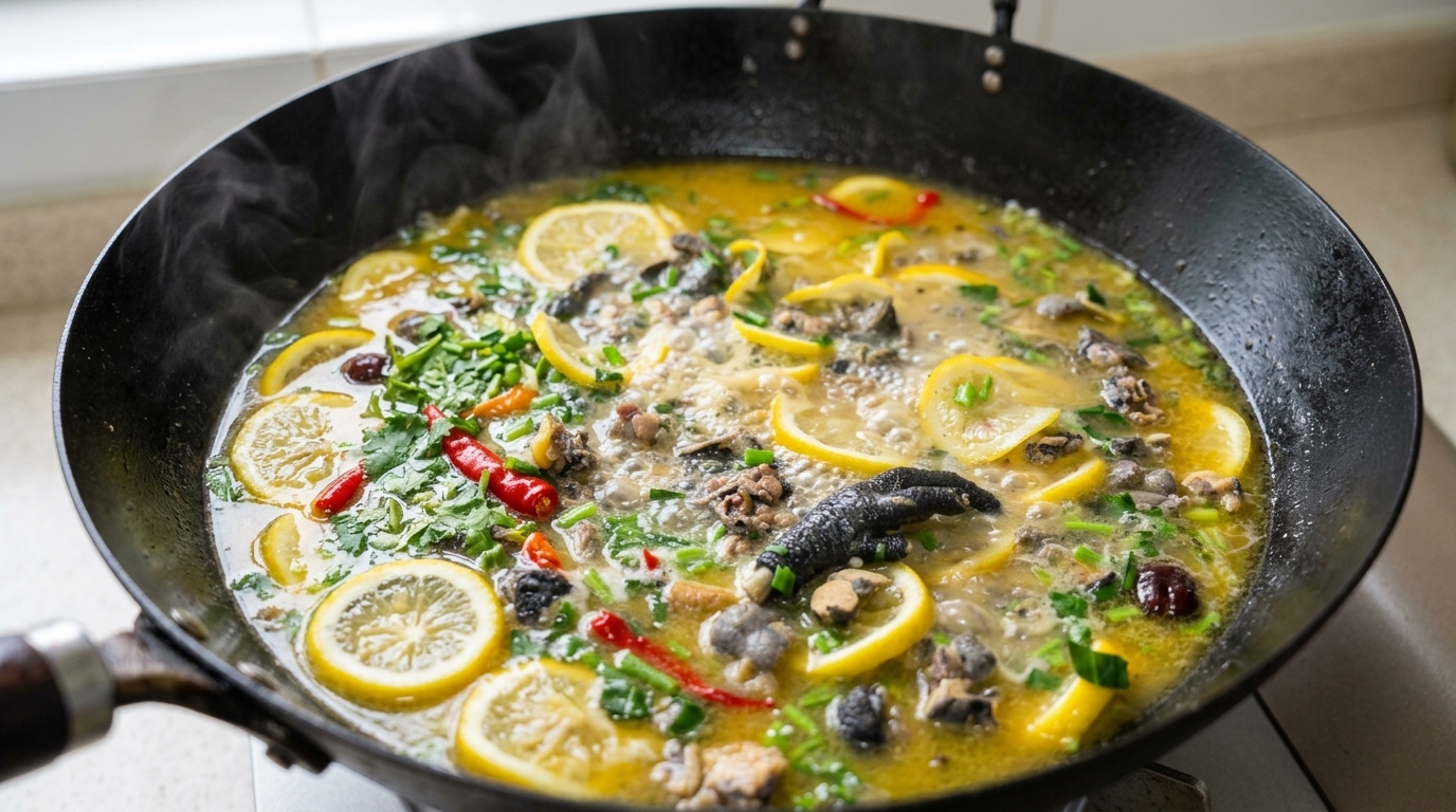 Ein dampfender Wok mit scharf-saurem Zitronen-Seidenhuhn, garniert mit frischen Zitrustönen und Kräutern