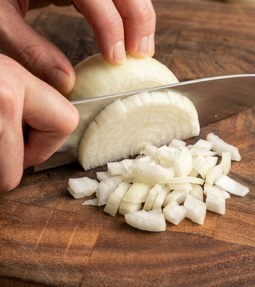 Hände würfeln eine geschälte weiße Zwiebel mit einem scharfen Messer auf einem Holzschneidebrett in kleine Würfel.