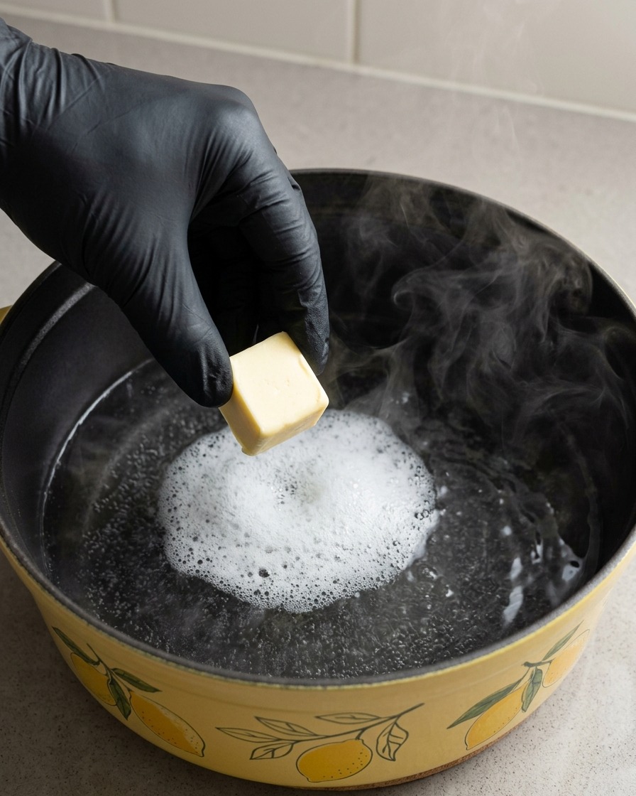 Eine Hand mit Küchenhandschuh gibt ein Stück Butter in einen dampfenden schwarzen Topf mit Zitronenmuster auf der Außenseite.