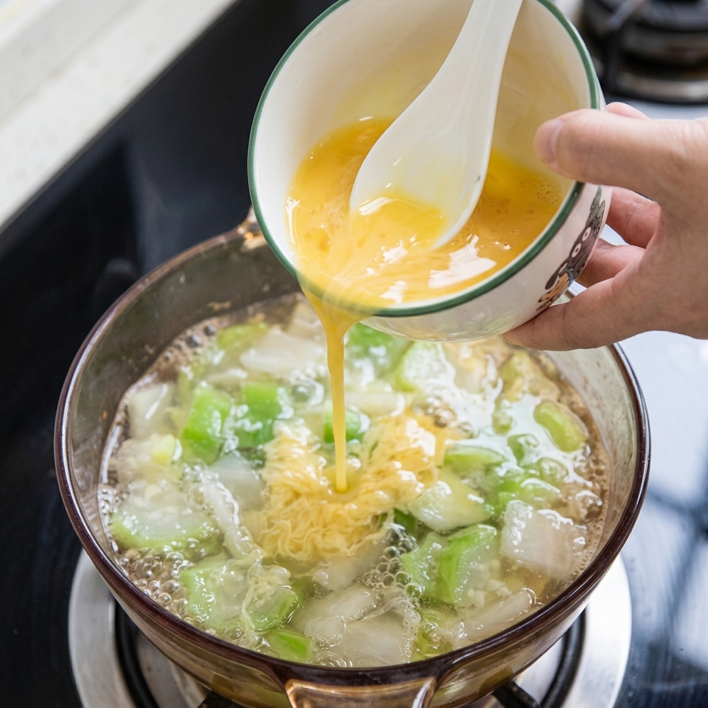 Verquirlte gelbe Eimasse wird langsam aus einer kleinen Schale in die Suppe gegossen und bildet feine Fäden um die Okrascheiben.