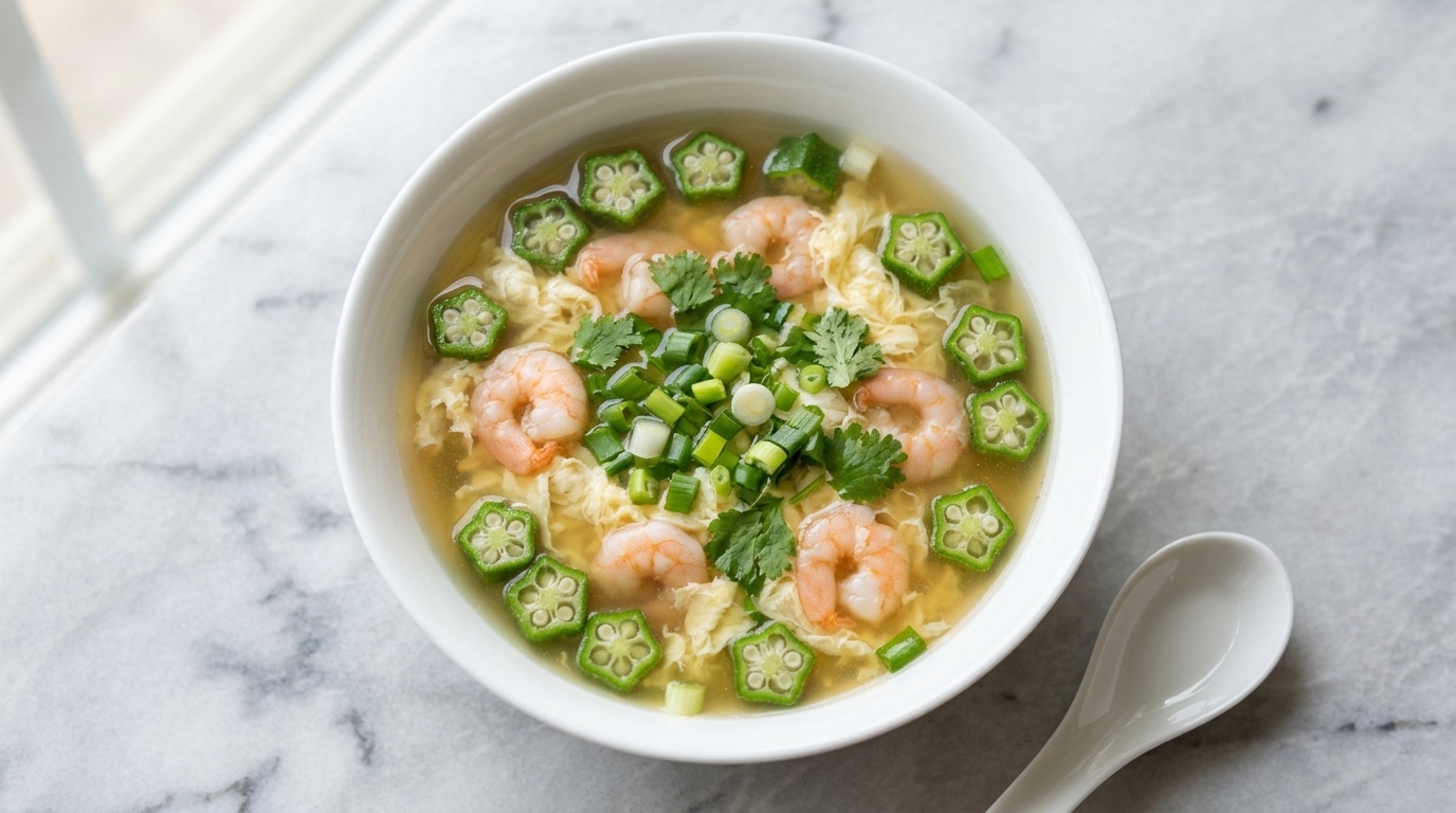 Erfrischende Okra-Garnele-Suppe mit Eistropfen