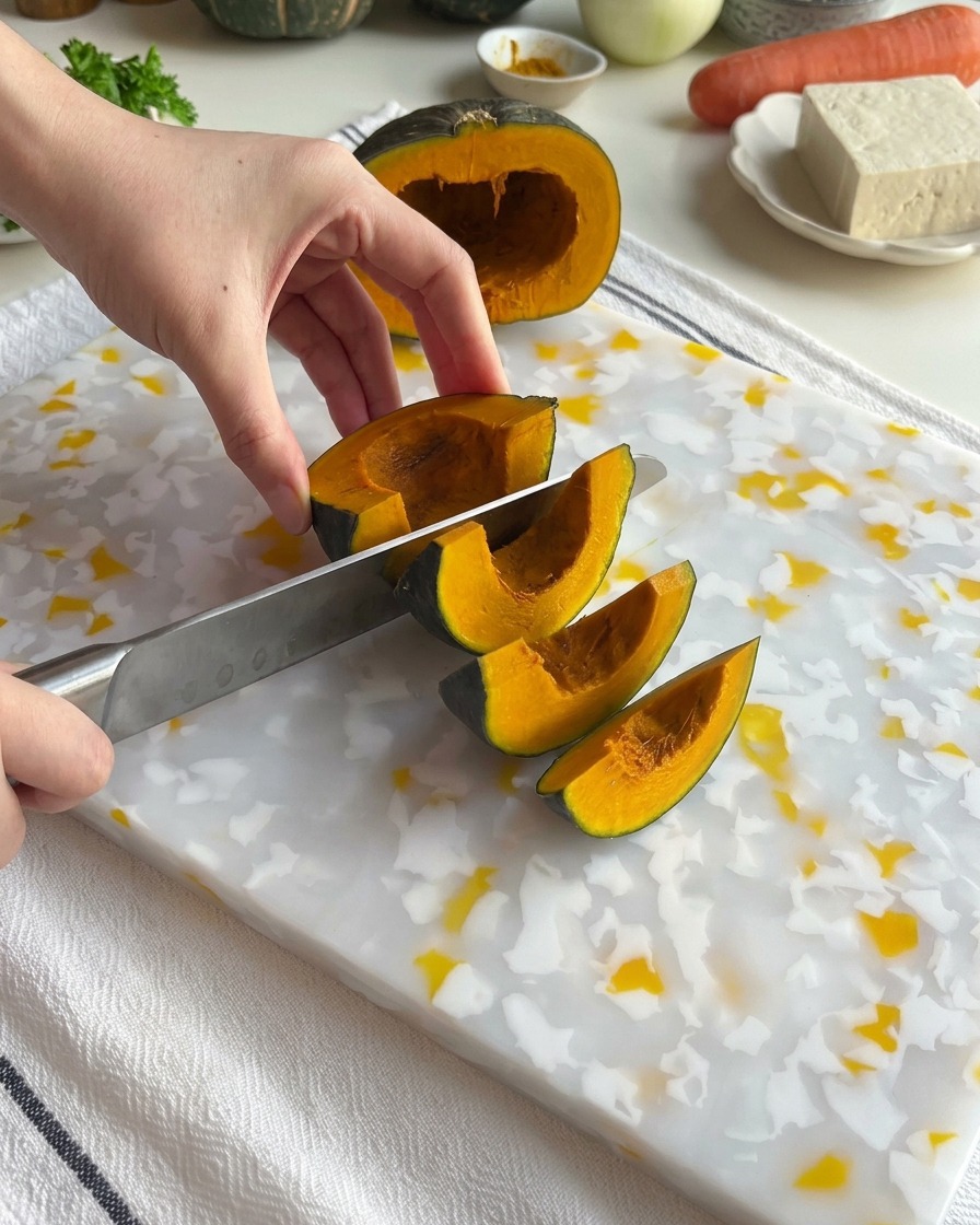 Hände schneiden einen Kürbis mit grüner Schale mit einem Messer auf einem Marmorschneidebrett in Stücke.
