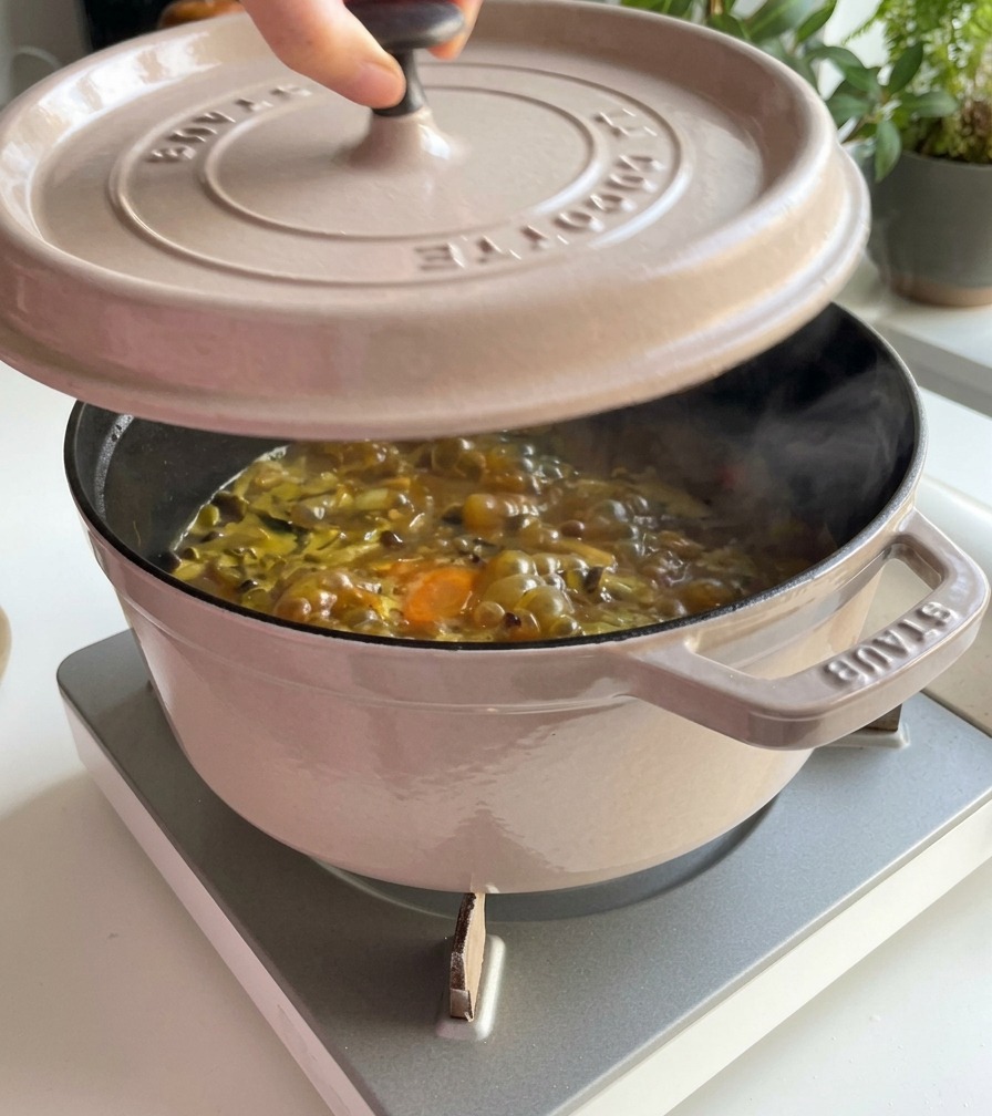 Frische grüne Brokkoliröschen werden in einen brodelnden Topf mit orangefarbener Suppe gegeben.
