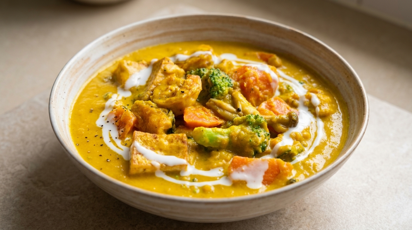 Cremige Kürbissuppe mit Garnelen und knusprigem Tofu