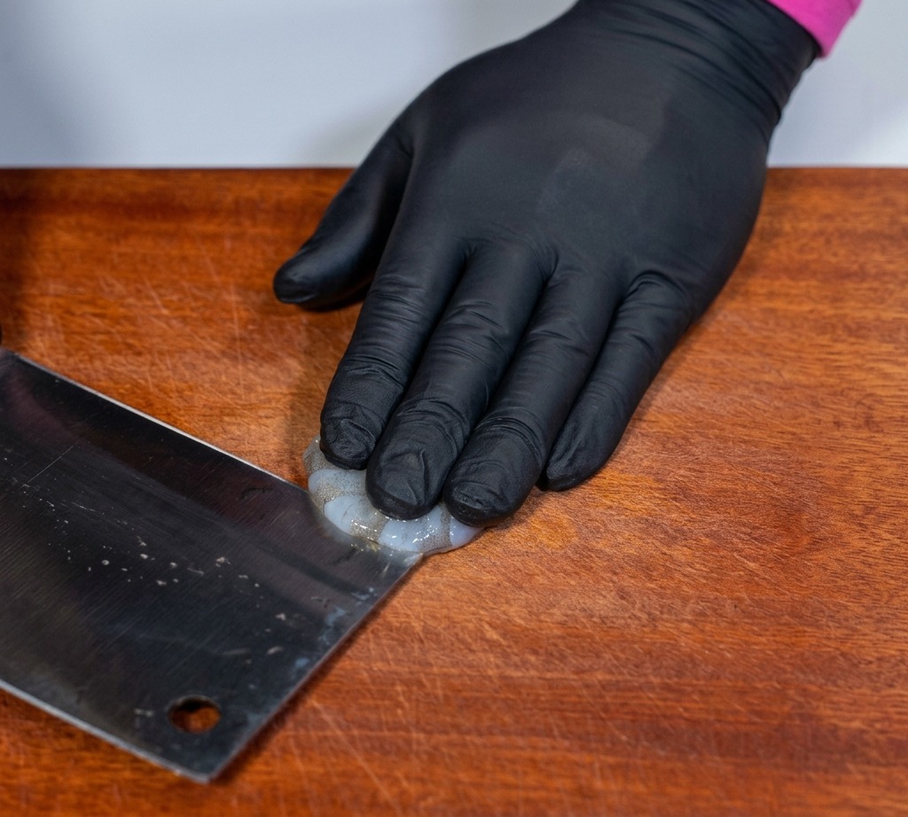 Ein Hackmesser schneidet den Rücken einer rohen geschälten Garnele auf, um den Darmtrakt zu entfernen.