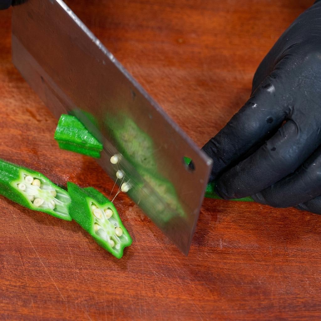 Eine Hand mit Handschuh schneidet mit einem großen Küchenmesser frische grüne Okraschoten schräg auf einem Holzbrett auf.