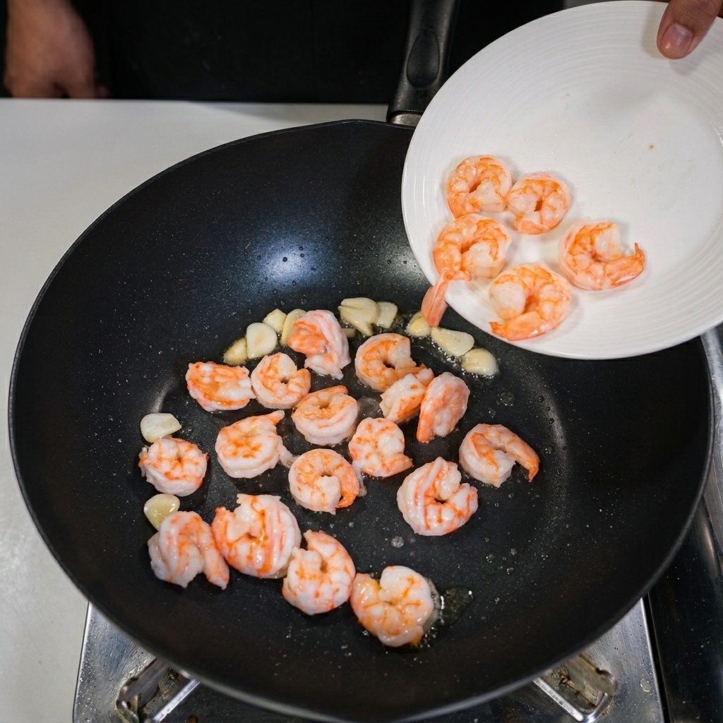 Gekochte rosa Garnelen werden von einem weißen Teller in einen schwarzen Wok mit angebratenen Knoblauchscheiben gegeben.