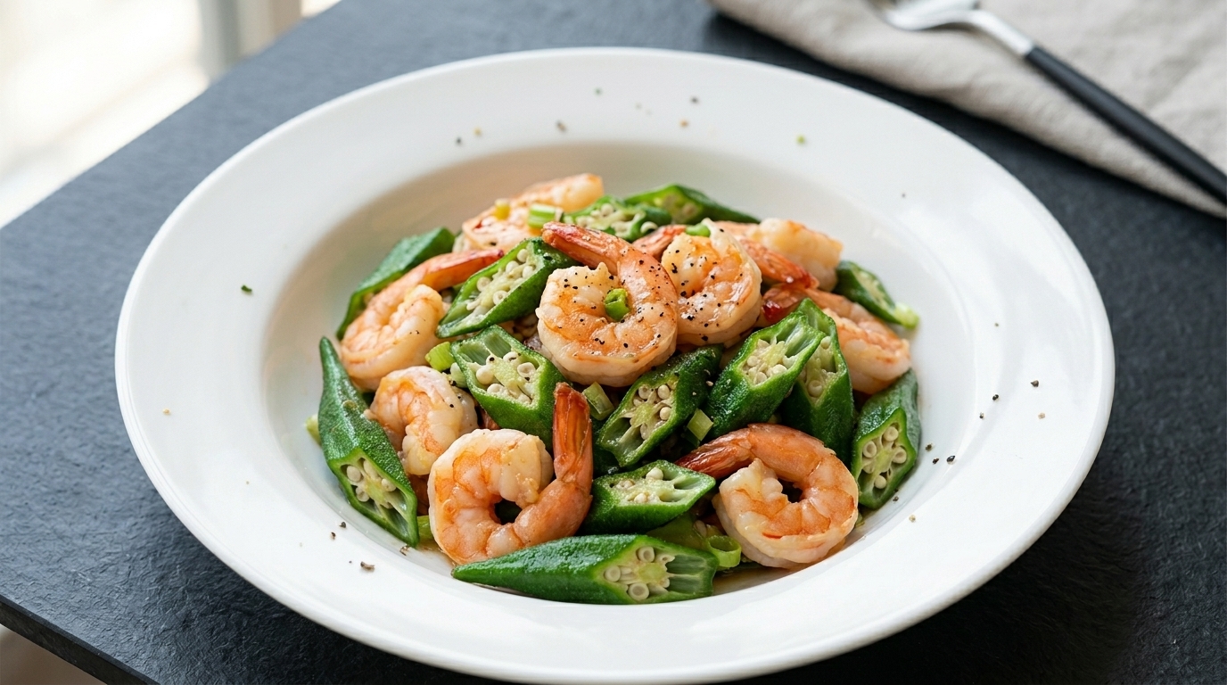 Gebratene Okra mit Garnelen und Austernsauce