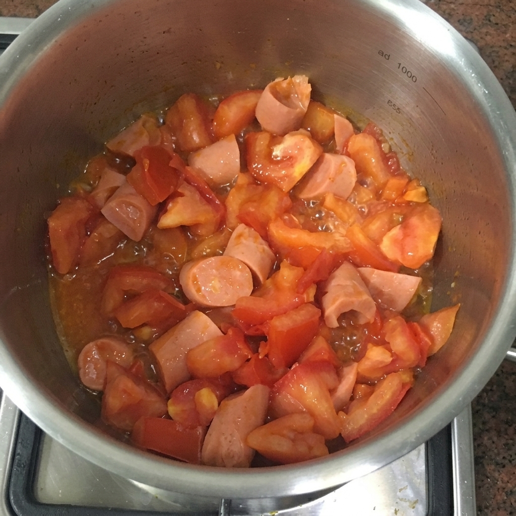 Frisch geschnittene Tomaten und Schinkenwürstchen-Stücke auf dem Boden eines Edelstahltopfs, bereit zum Anbraten.