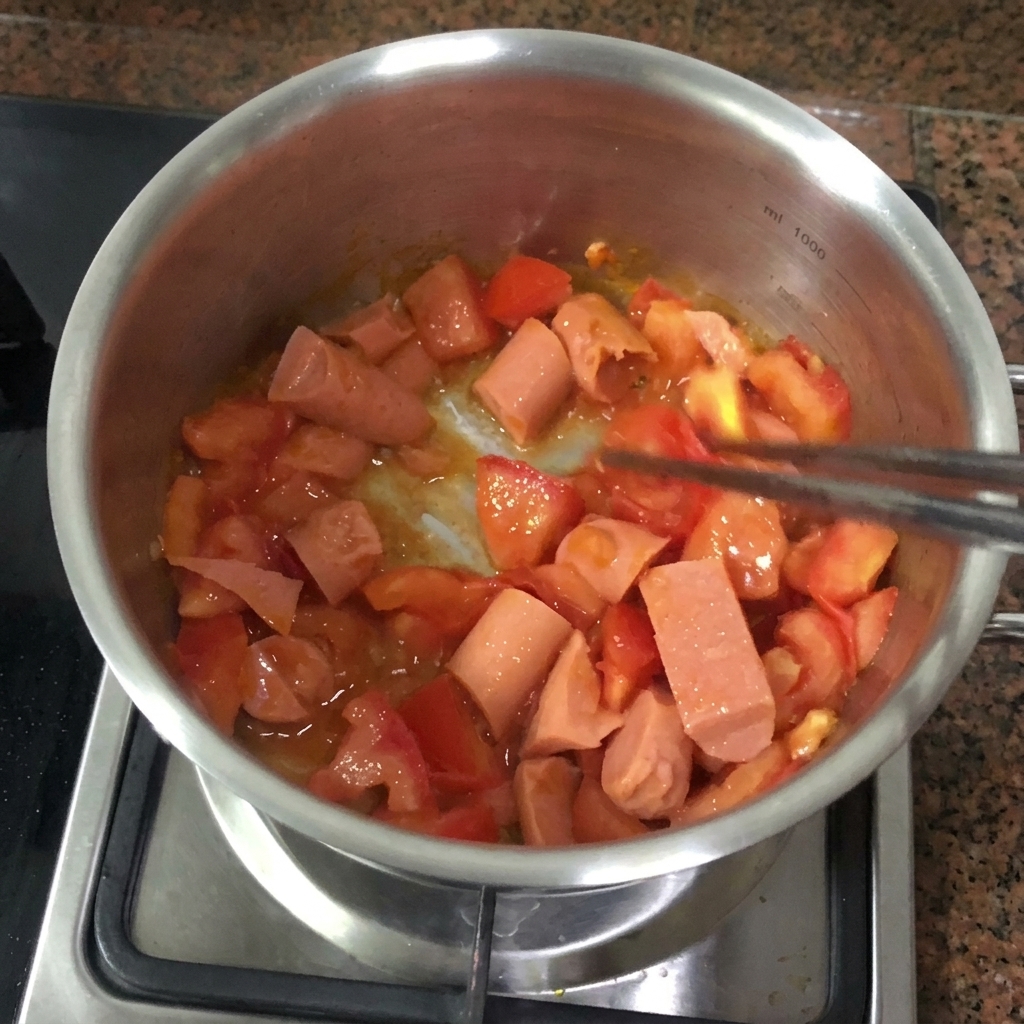 Ein Edelstahltopf auf dem Herd mit roten Tomatenscheiben und rosa Schinkenwürstchen, die verrührt werden, während sich die Tomaten in eine Sauce verwandeln.