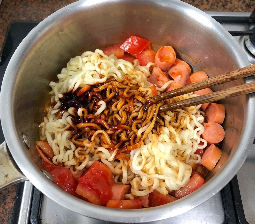 Ein Nest aus Ramen-Nudeln in einem Topf, gekrönt mit einer großzügigen Menge dunkelroter, scharfer Sauce über der eingekochten Tomatenmischung.