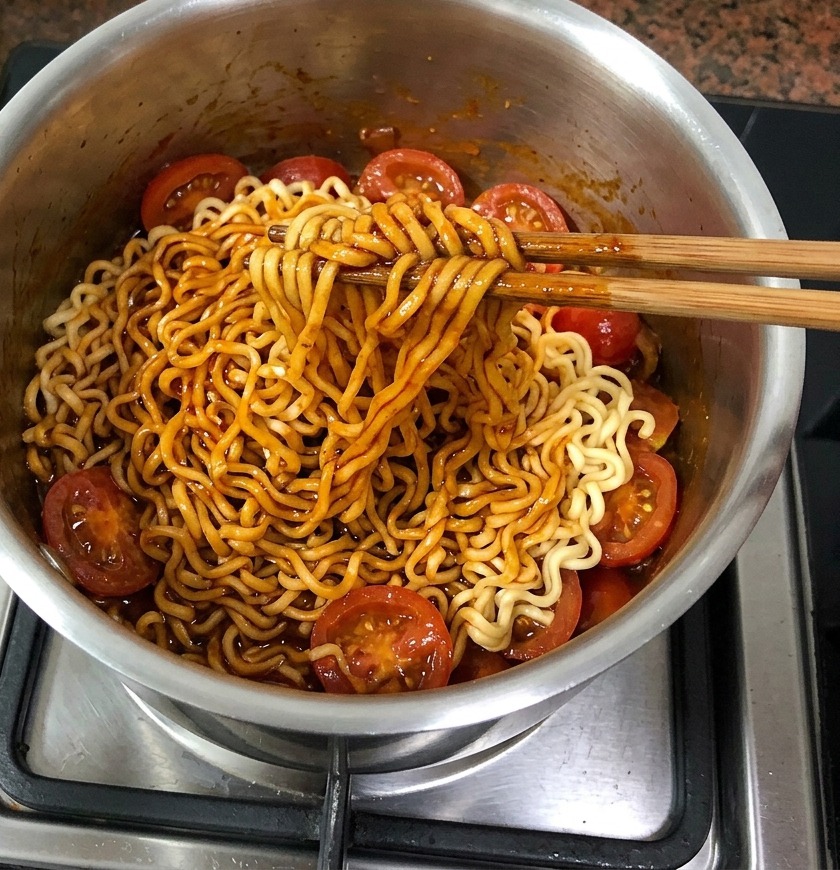 Essstäbchen heben und wenden Ramen-Nudeln in einem Topf, um sie gleichmäßig mit der leuchtend roten, scharfen Tomatensauce zu überziehen.