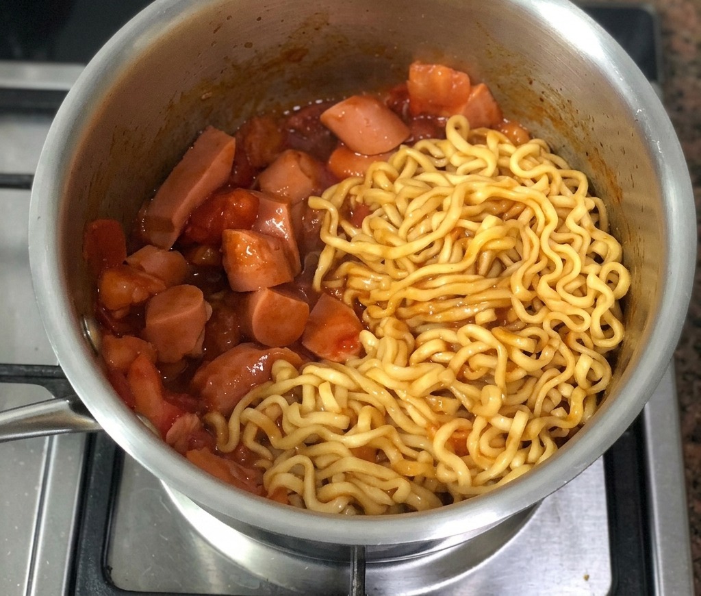 Ein fertiger Topf mit Fire Chicken Noodles, vollständig überzogen mit einer sämigen, glänzenden roten Sauce und sichtbaren Stücken von Tomaten und Würstchen.