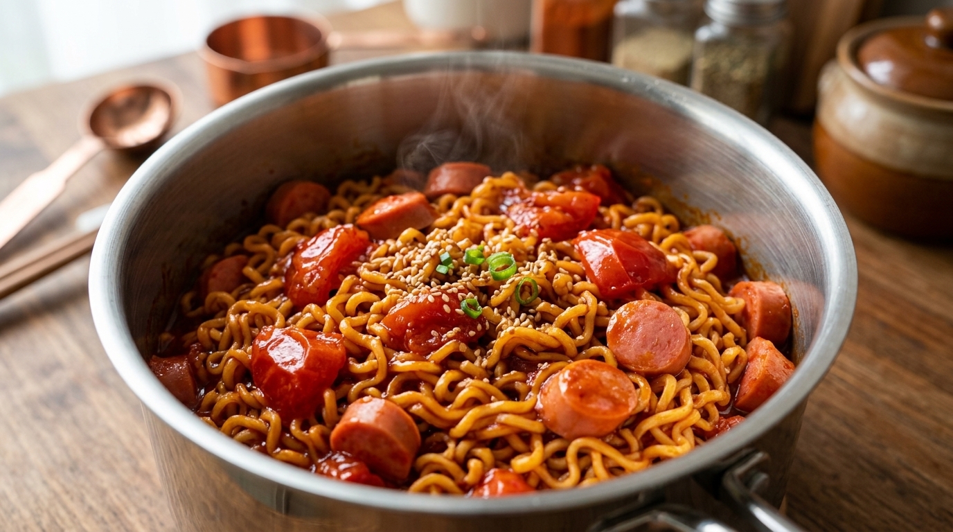 Buldak Ramen mit Tomate und Würstchen
