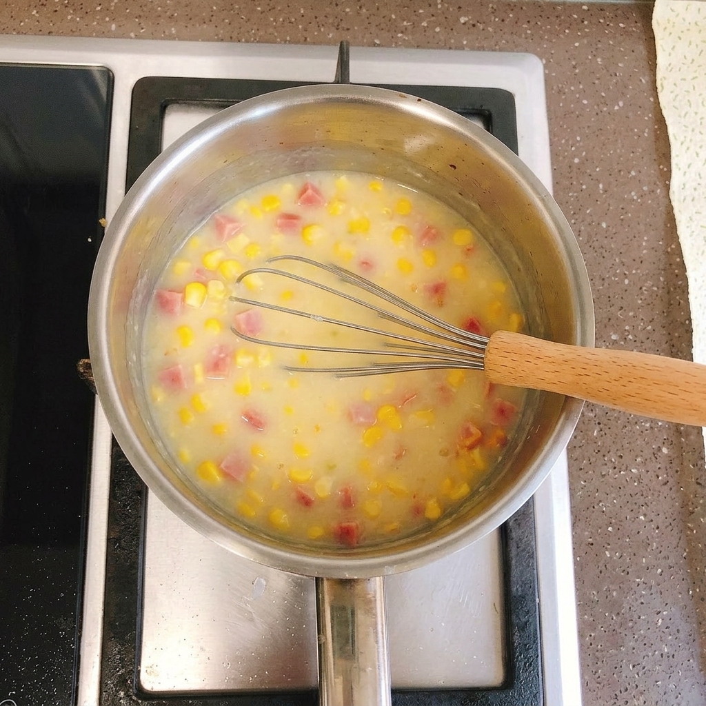 Nahaufnahme einer dicken, gelben Suppe, die leise blubbernd in einem Edelstahltopf auf dem Herd köchelt.