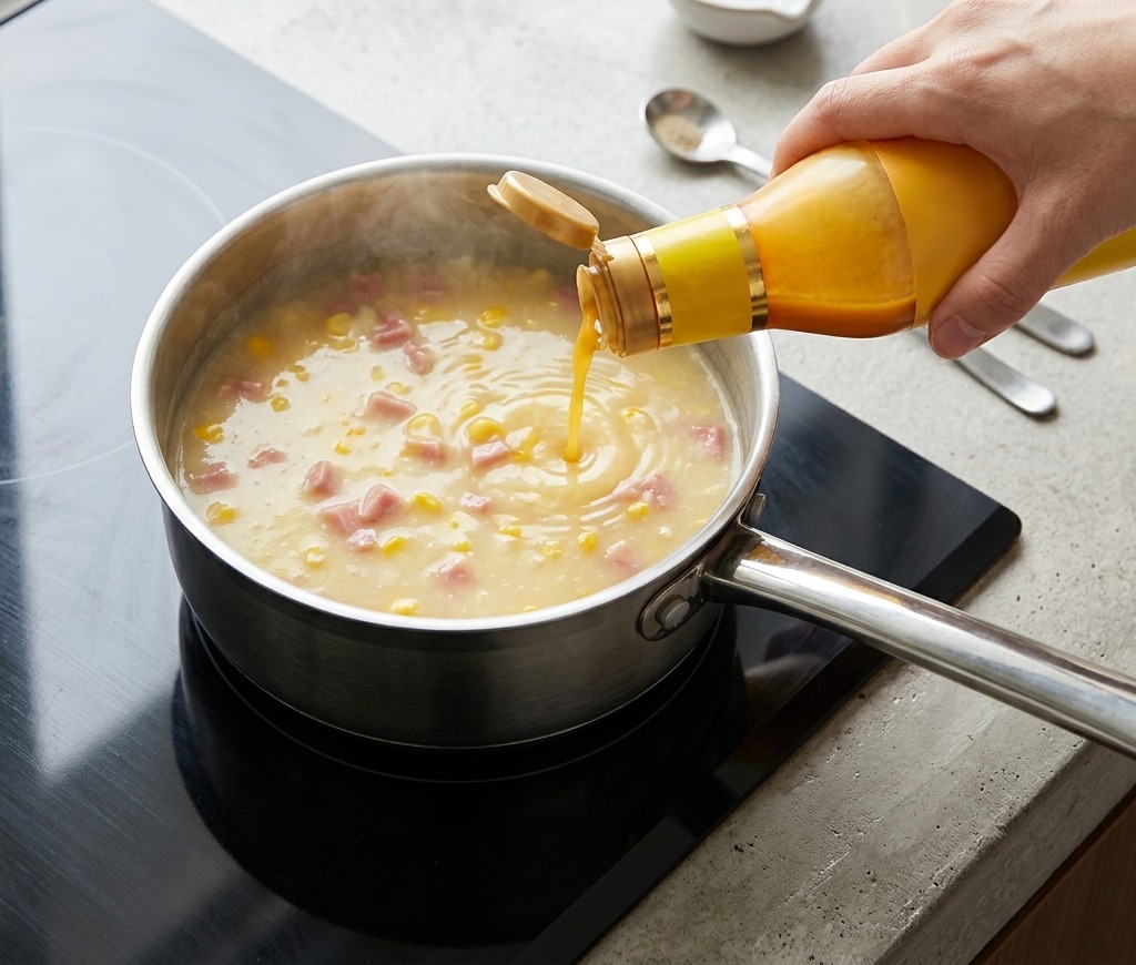 Konzentrierter Hühnerfond wird aus einer gelben Flasche in einen Topf mit dicker, cremiger Suppe gegossen.