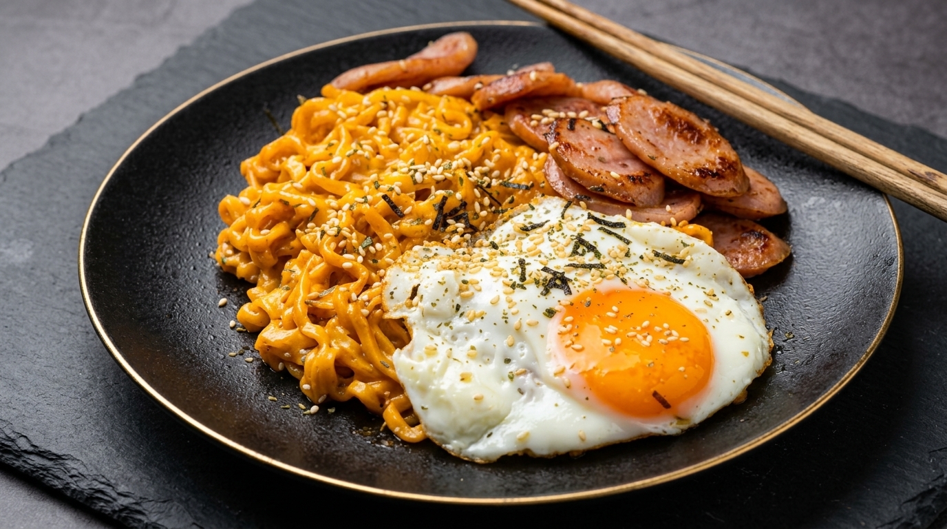 Cremige Buldak-Nudeln mit Käse und Würstchen (Fire Chicken Ramen)