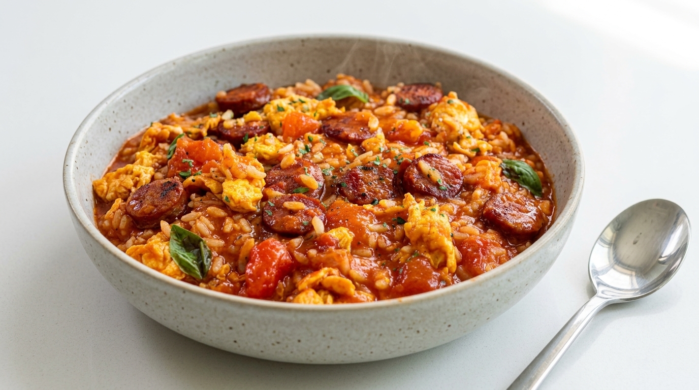 Herzhafter gebratener Reis mit Tomaten und Würstchen