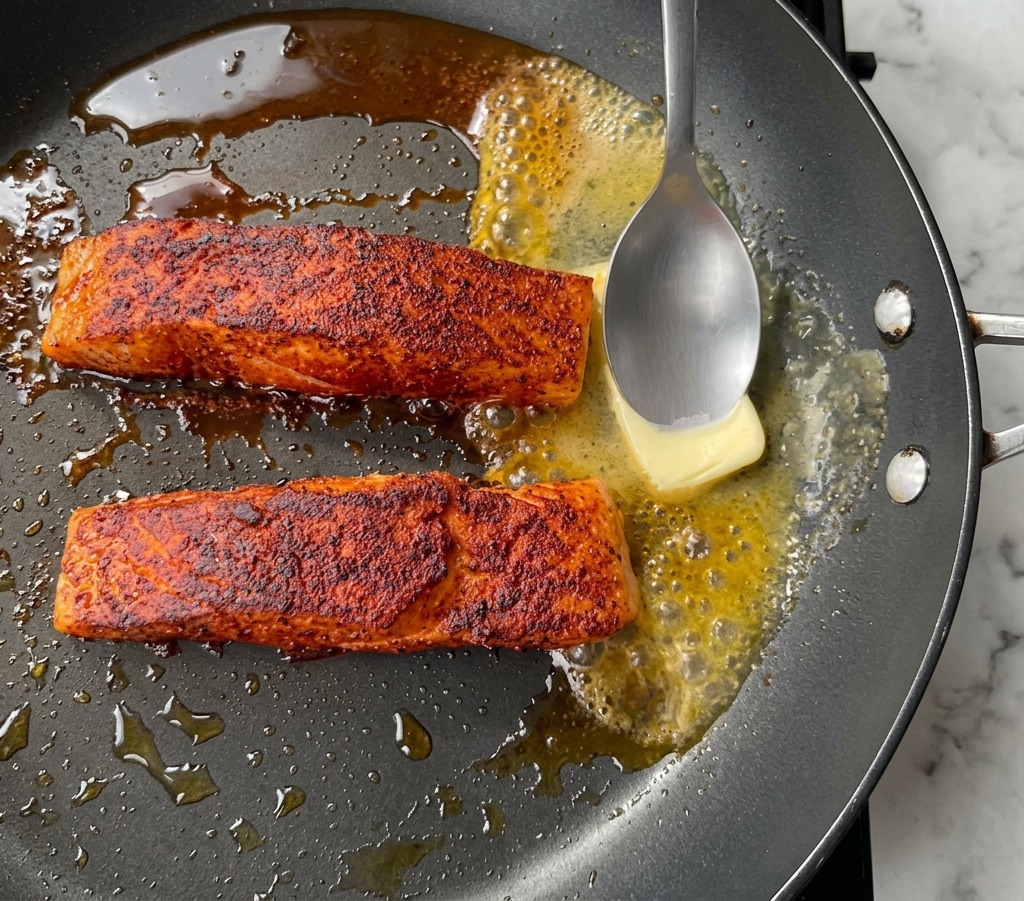 Ein Metalllöffel gießt geschmolzene, schäumende Butter über zwei angebratene Lachsfilets in einer Pfanne.