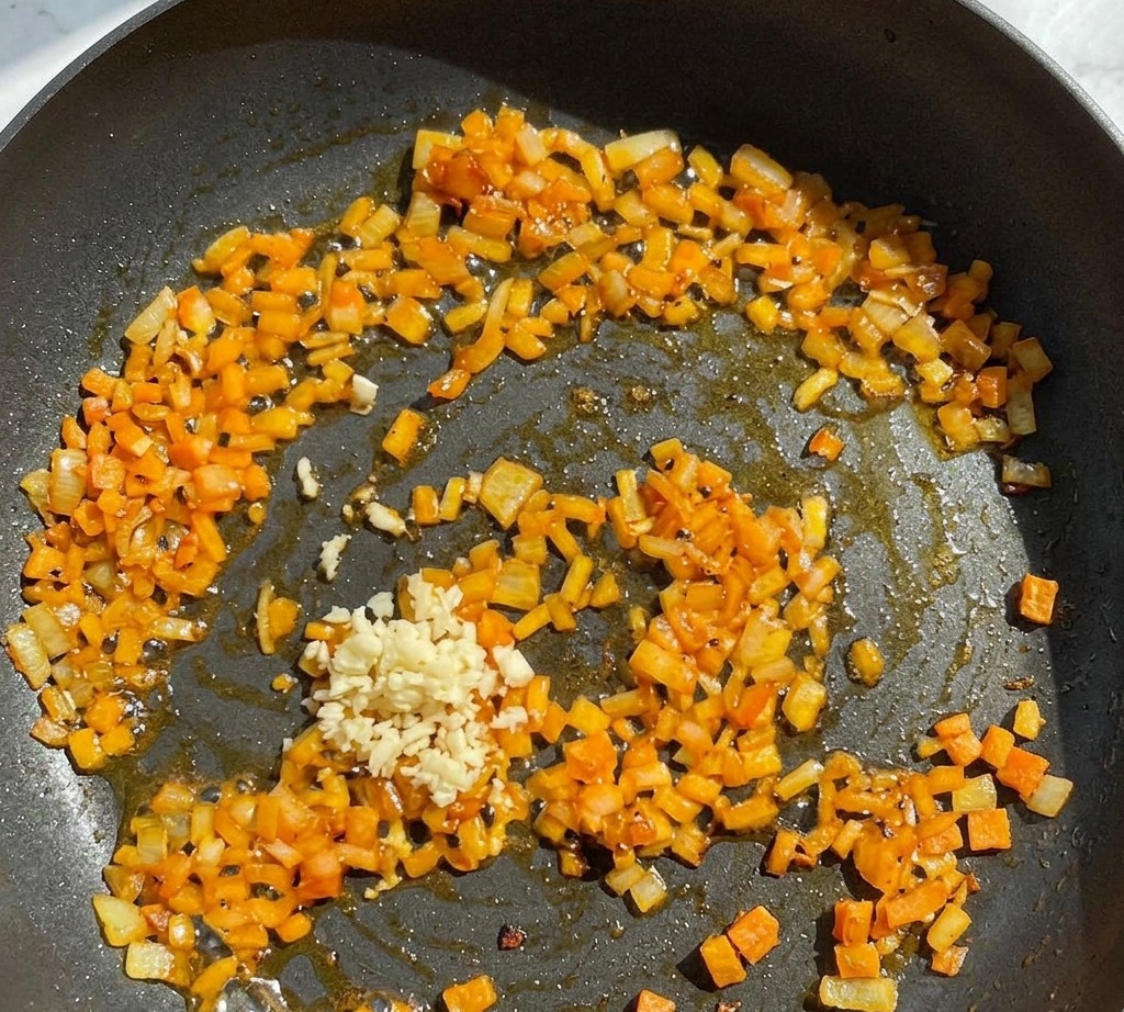 Eine Portion gehackter Knoblauch wird zu den angeschwitzten Zwiebeln in der Pfanne gegeben.
