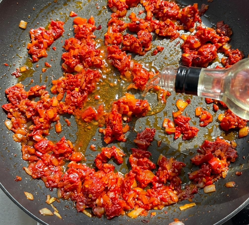 Weißwein wird aus einer klaren Flasche in die Pfanne zu den getrockneten Tomaten und Zwiebeln gegossen.
