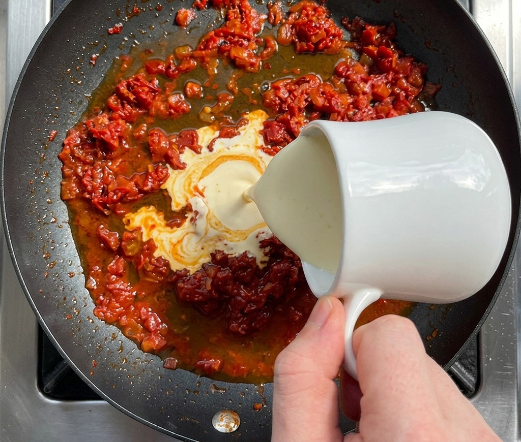 Schlagsahne wird aus einem weißen Kännchen in die köchelnde rote Sauce gegossen, wodurch weiße und orangefarbene Schlieren entstehen.