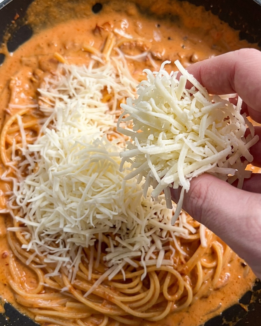 Eine Hand streut geriebenen weißen Parmesan über eine große Pfanne mit cremiger Pasta.