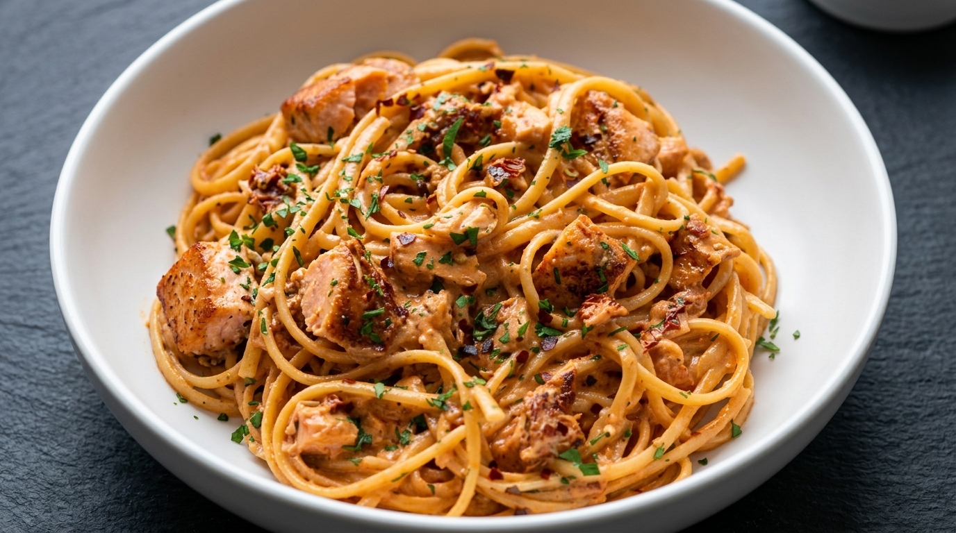 Goldbraun angebratene Lachsstreifen auf Linguine in einer reichhaltigen, cremigen Orangensauce mit getrockneten Tomaten.