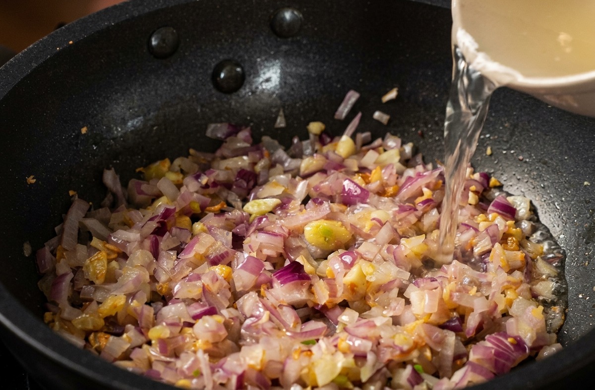 Klare Hühnerbrühe wird aus einer Schüssel in eine schwarze Pfanne mit angeschwitzten roten Zwiebeln und Knoblauch gegossen.