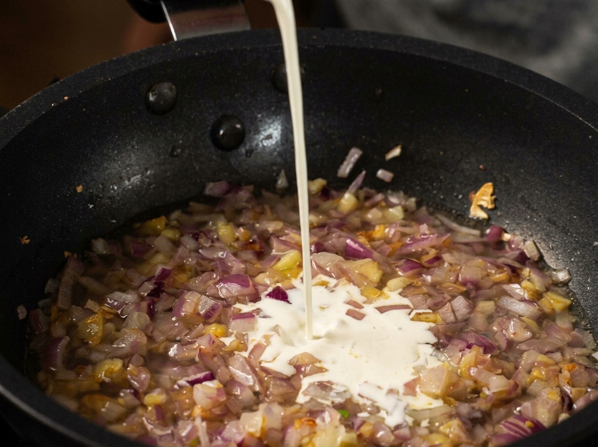 Ein gleichmäßiger Strahl Schlagsahne wird in eine schwarze Pfanne mit angeschwitzten roten Zwiebeln und heller Hühnerbrühe gegossen.