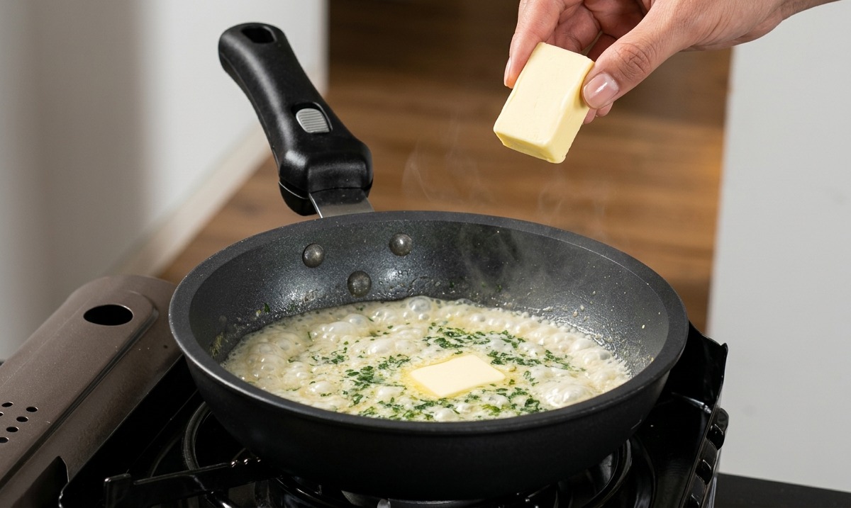 Eine Hand hält ein Stück gelbe Butter über eine köchelnde, cremige Kräutersauce in einer schwarzen Bratpfanne.