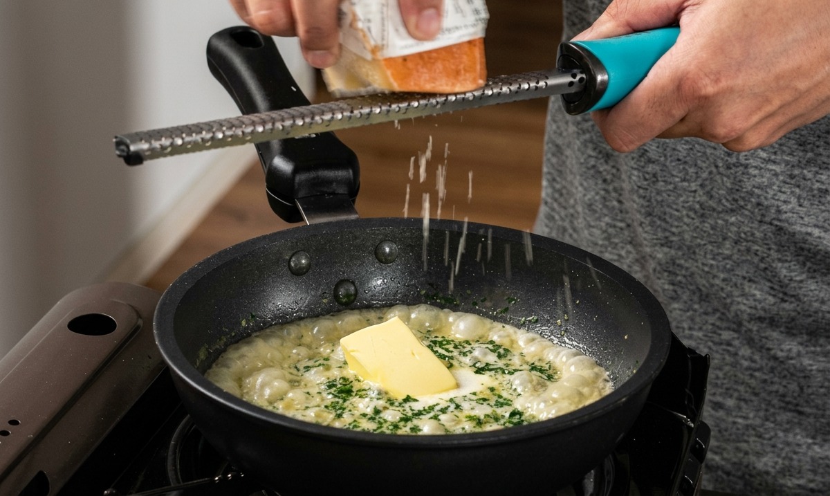 Eine Person reibt mit einer Handreibe Käse über eine köchelnde weiße Pastasauce in einer Pfanne.