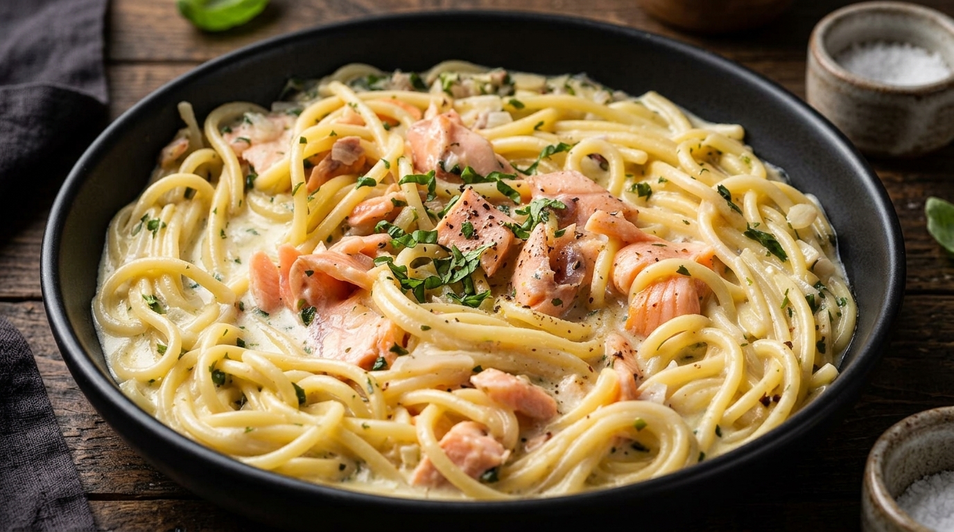 Cremige Lachs-Pasta in weißer Sauce mit frischem Basilikum