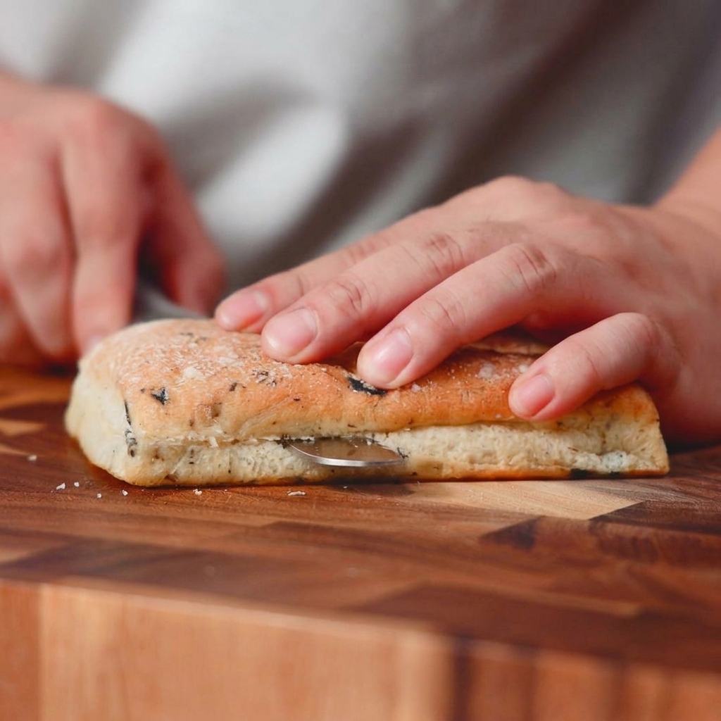 Eine Hand hält einen Laib Ciabatta-Brot fest, während es mit einem Messer auf einem Holzbrett horizontal durchgeschnitten wird.