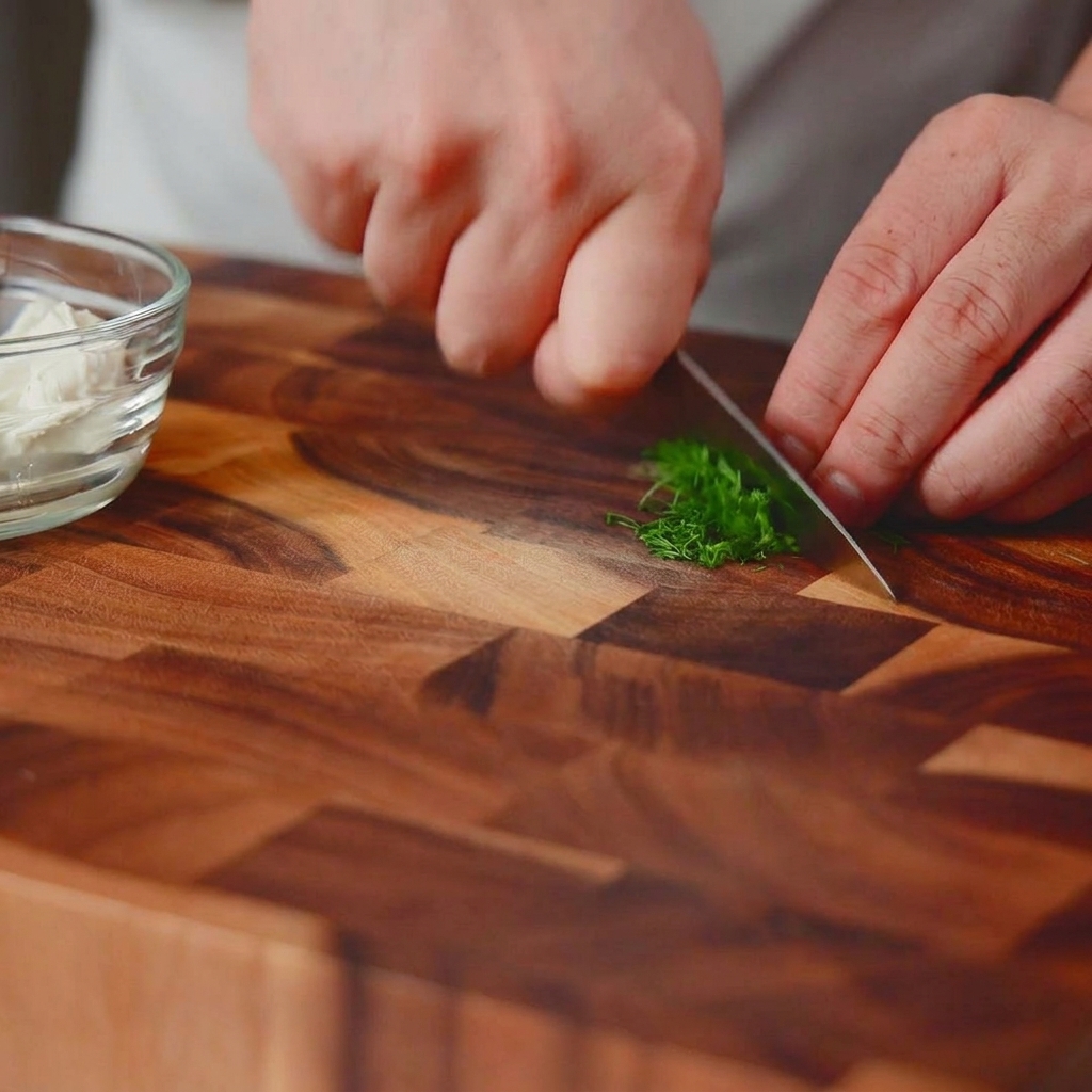 Ein Kochmesser hackt einen kleinen Haufen frischen grünen Dill auf einem dunklen Holzschneidebrett fein.