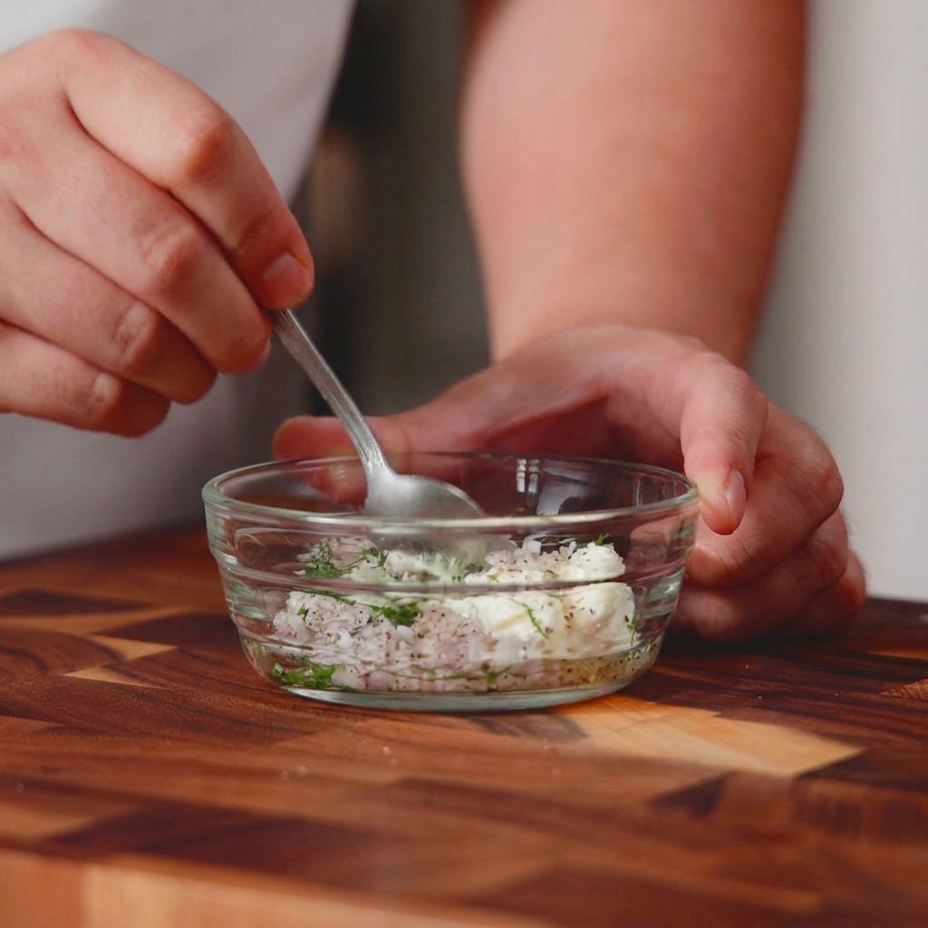 Eine kleine Glasschale mit Frischkäse, gehackten Schalotten und Kräutern, die mit einem Metalllöffel verrührt werden.