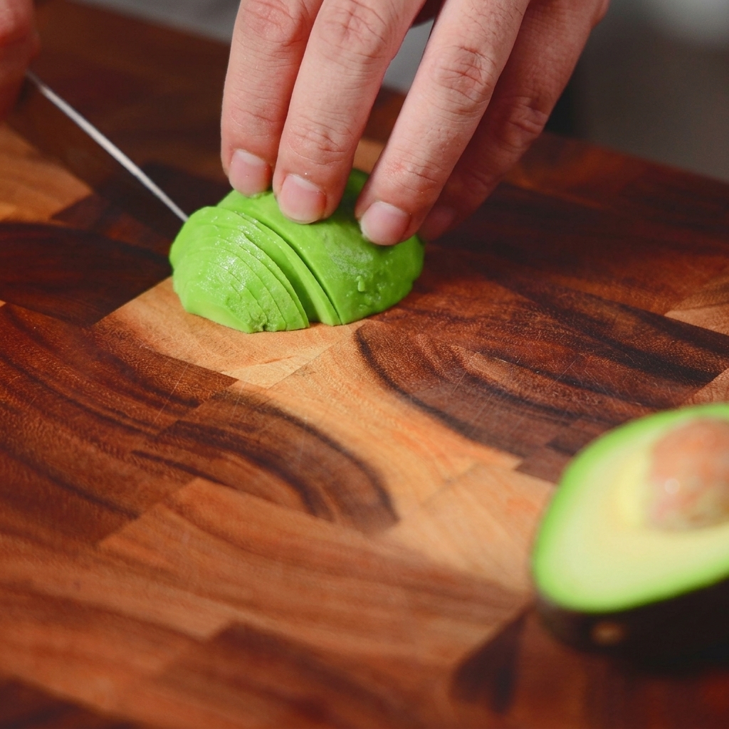 Nahaufnahme einer Hand, die mit einem Messer eine leuchtend grüne Avocadohälfte auf einem Holzbrett in dünne, gleichmäßige Scheiben schneidet.
