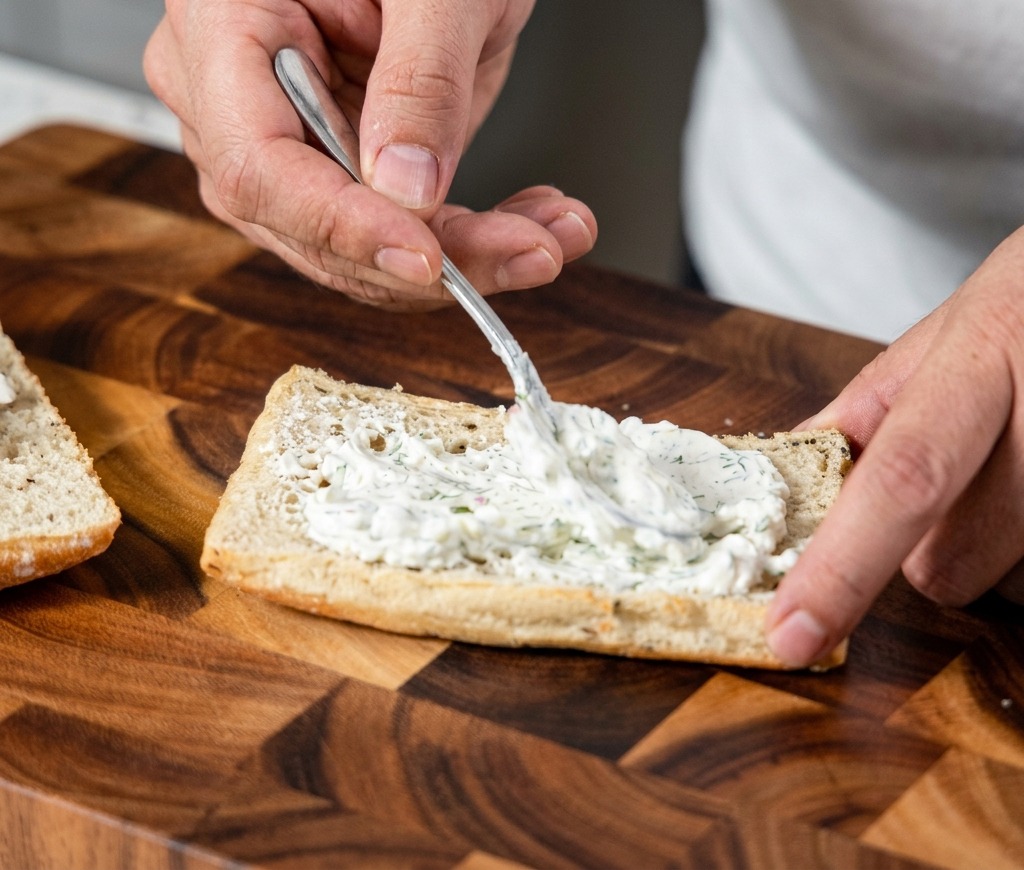 Eine Nahaufnahme einer Hand, die mit einem Löffel eine dicke Schicht weißen Kräuterfrischkäse auf eine Scheibe geröstetes Brot streicht.