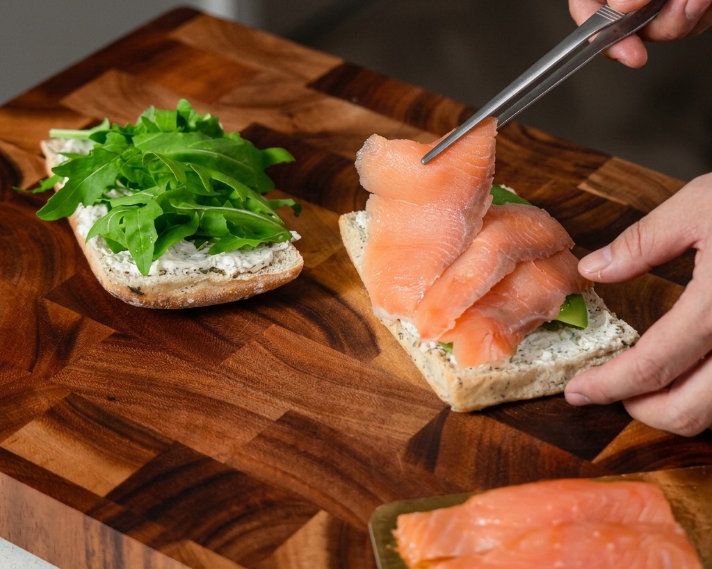Eine Person legt mit einer silbernen Küchenpinzette zarte Falten von Räucherlachs auf ein Sandwich, das bereits mit Salat und Avocado belegt ist.