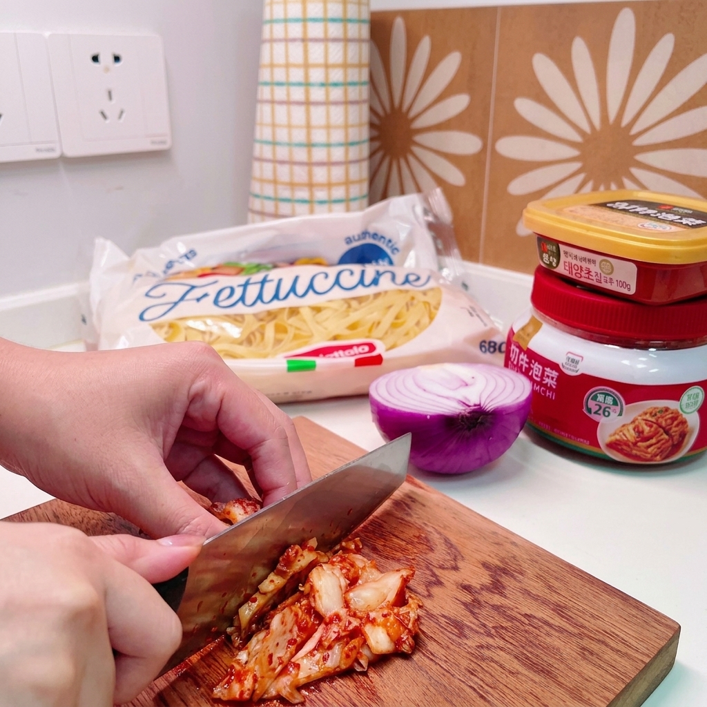 Ein Messer schneidet durch einen Haufen Chinakohl-Kimchi auf einem Holzschneidebrett.