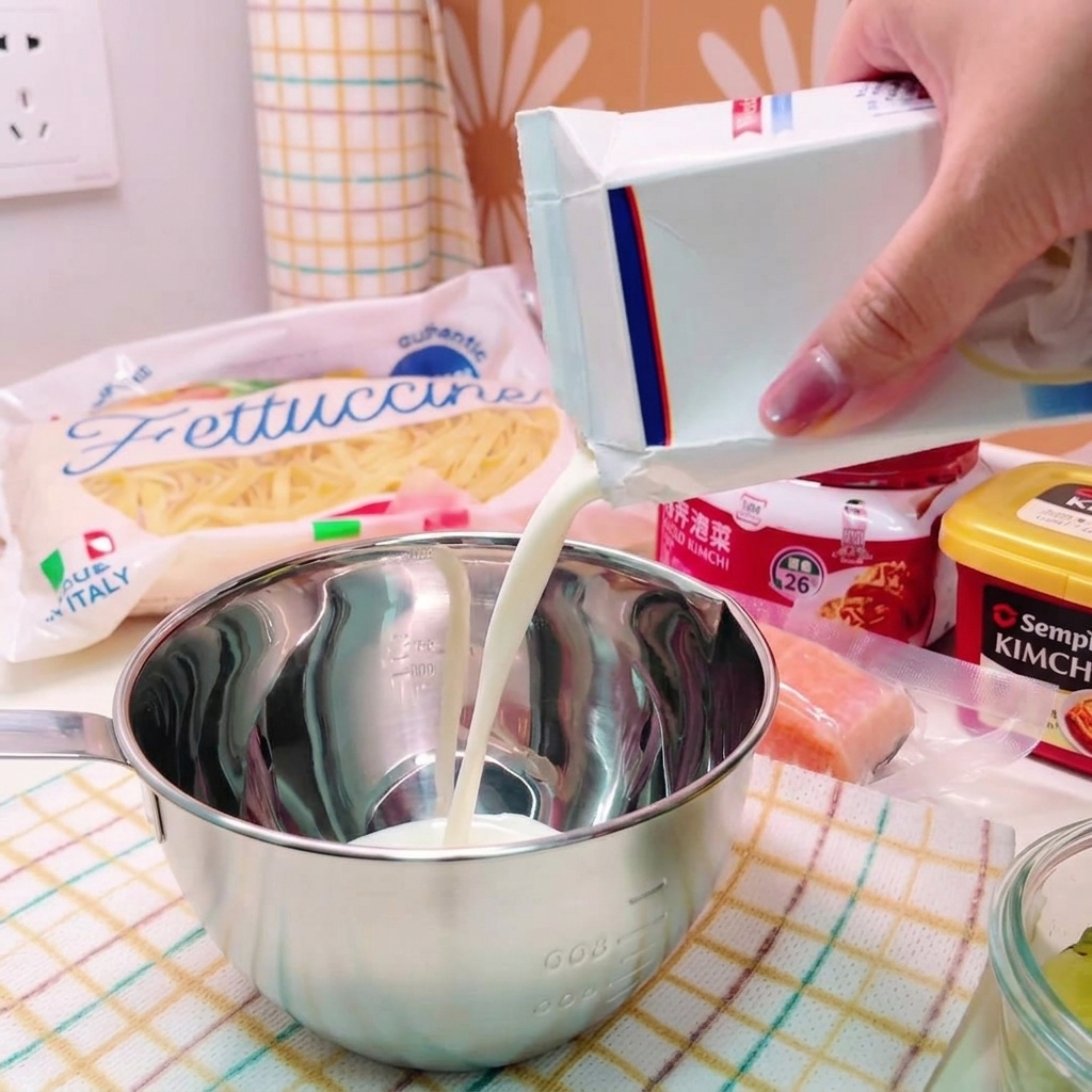 Milch wird aus einer weißen Packung in eine Metallschüssel mit roter Gewürzpaste und Gewürzen gegossen.
