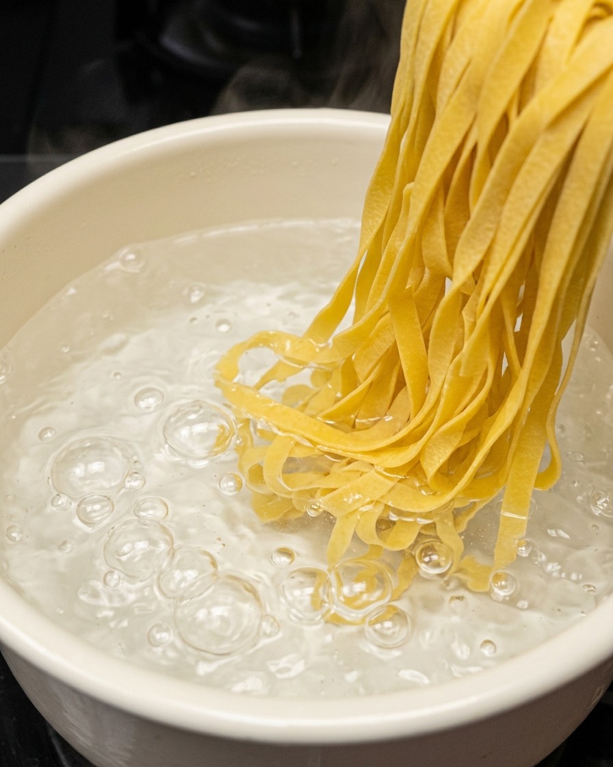 Gelbe Fettuccine-Nudeln werden in einen Topf mit sprudelnd kochendem Wasser gegeben.